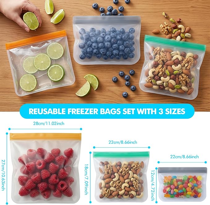 20 Pack Reusable Freezer Bags, Leakproof Reusable Silicone Food Storage Bags BPA Free Contaizers, Snack Sandwich Gallon Bags for Meal Prep, Marinate Meat, Salad Fruit, Veggies, Lunch, Travel, Kitchen