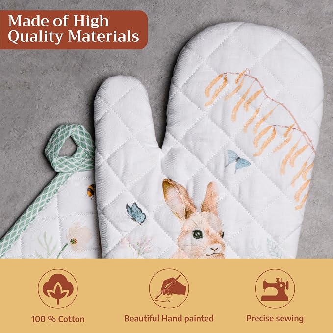 Maison d' Hermine 100% Cotton Oven Mitt & Pot Holder Set (7.5"x13" & 8"x8") | Heat Resistant BBQ Cooking Gloves with Loop Baking Grilling Kitchen Hotel Home Farmhouse Spring Summer - Easter Dew
