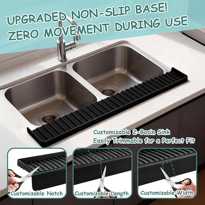 Silicone Sink Edge Protector Splash Guard,Sink Granite Edge Protector,24x4 Inch with Suction Cups & 5°Tilt, Cuttable for Kitchen Bathroom Countertops, Granite Quartz Surfaces (Black)