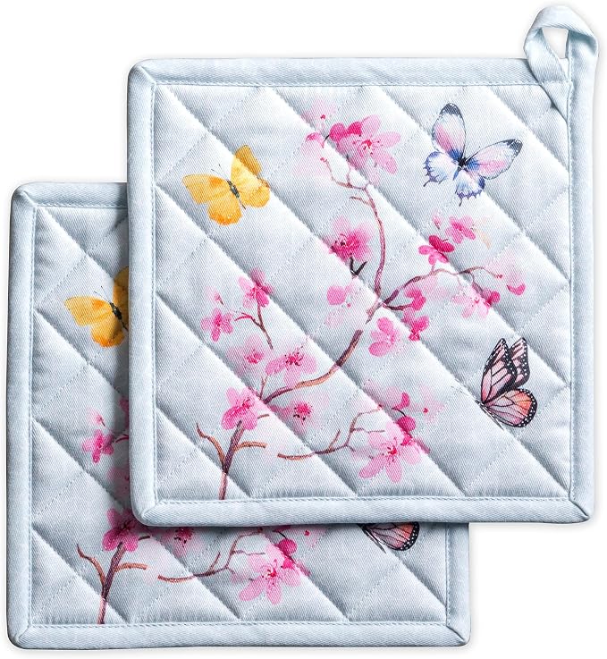 Maison d' Hermine Pot Holders 100% Cotton Potholders (8" x 8", Pack of 2) | Heat Resistant Hot Pads with Loop BBQ Cooking Baking Farmhouse Kitchen Handling Hot Pans Spring Summer - Blossoms in Spring