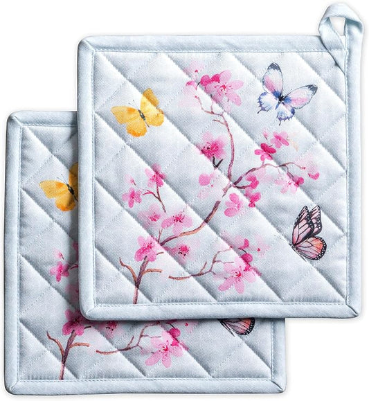 Maison d' Hermine Pot Holders 100% Cotton Potholders (8" x 8", Pack of 2) | Heat Resistant Hot Pads with Loop BBQ Cooking Baking Farmhouse Kitchen Handling Hot Pans Spring Summer - Blossoms in Spring