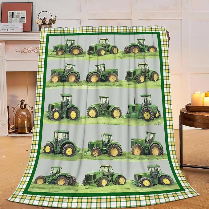 Truck Blanket Soft Cozy Green Truck Plush Throw Blanket Warm Equipment Tractor Flannel Fleece Bedding Stuff Decor Blanket Gifts for Lover Teens Kids Girls Boys Women Adults Bed Travel 60"x80"