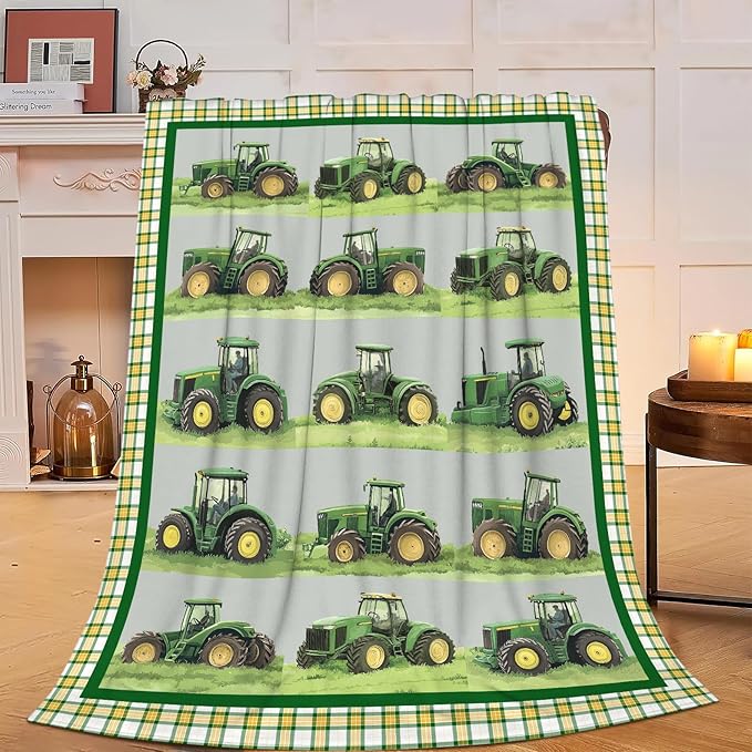 Truck Blanket Soft Cozy Green Truck Plush Throw Blanket Warm Equipment Tractor Flannel Fleece Bedding Stuff Decor Blanket Gifts for Lover Teens Kids Girls Boys Women Adults Bed Travel 40"x50"