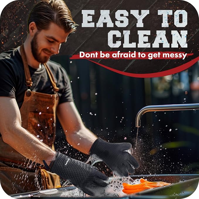 KITCHEN PERFECTION S Silicone Smoker BBQ Gloves - Heat Resistant Oven Mitts | Waterproof, 5-Finger Design For A Better Grip, for Pitmasters, Meat Smoking, Grilling, Cooking, Frying Turkey | Grill Gift