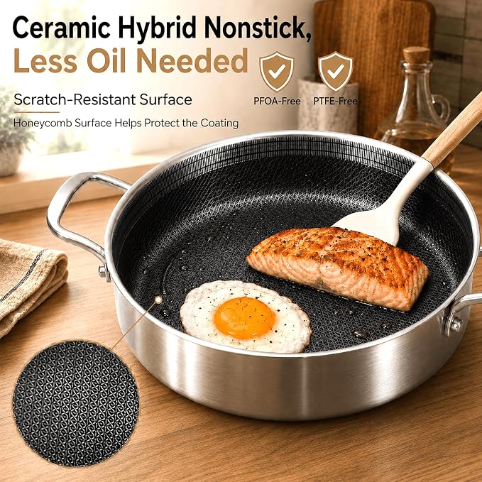 DELARLO Tri-Ply Stainless Steel 7QT Saute Pan 12 Inch Deep Frying Pan with lid Nonstick, Induction Compatible Chef Cooking Pan
