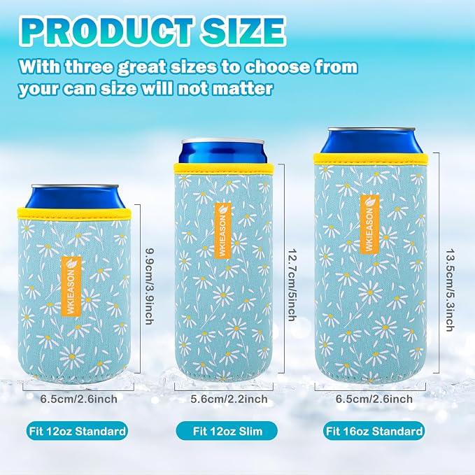 WKieason Neoprene Can Sleeves Insulators Beer Coozies 3 Size - 12OZ Standard Can Sleeve, 12OZ Slim Can Sleeve 16OZ Standard Can Sleeve, 12OZ Standard Beer Can Coolers Coolier Sleeves(Small Daisy Blue)