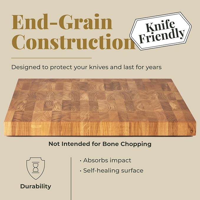 End Grain 12"x10" European Oak Wood Cutting Board with Non-Slip Feet & Handles, Charcuterie Board, Knife-Friendly, Serving Cutting Board for Kitchen
