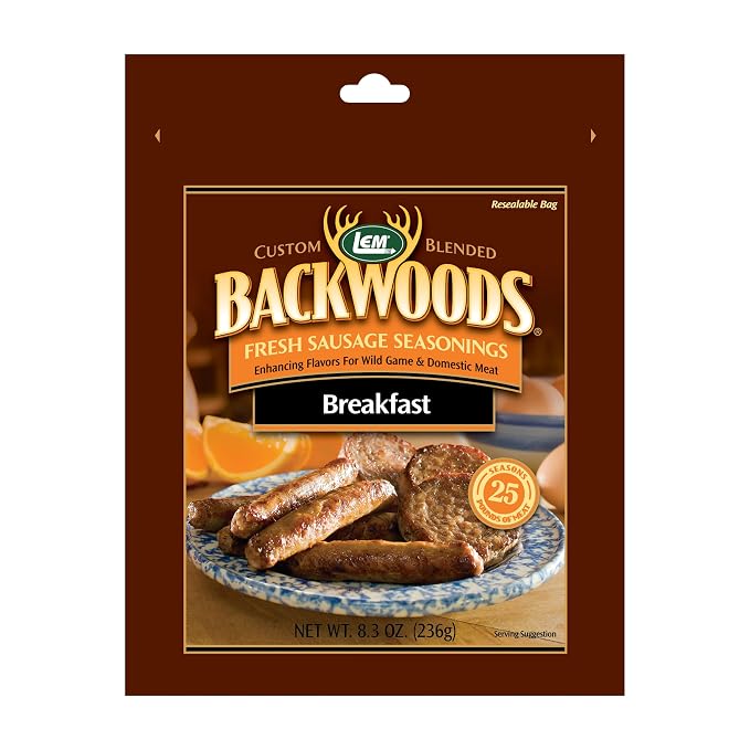 LEM Products Backwoods Breakfast Fresh Sausage Seasoning, 8.3 oz Packet | Pre-Measured Seasoning for Wild Game and Domestic Meat, Seasons Up to 25 Pounds of Meat for Homemade Patties and Sausages