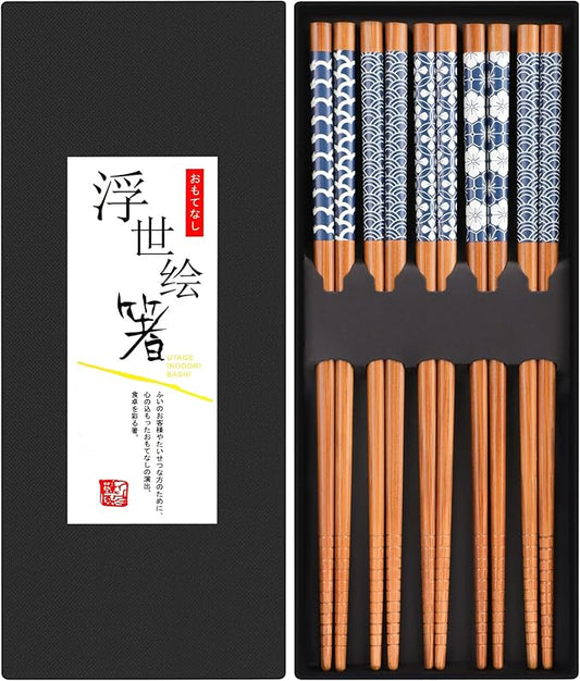 Antner 5 Pairs Natural Bamboo Chopsticks Reusable Classic Japanese Style Chop Sticks Gift Sets, Dishwasher Safe, 8.8 Inch/22.5cm