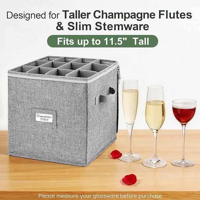 LotFancy Champagne Flute Storage Container, Hard Shell, Stackable, 12" Tall Wine Glass Storage Box with Dividers & Handles, Stemware, Crystal Glassware, Drinkware Case for Moving, Grey