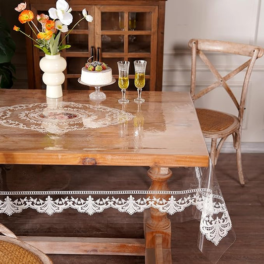 Waterproof Clear Table Cover Protector, Vinyl Rectangle Table Cloth with Lace Pattern Oil Spill Proof Wipe Clean Plastic Tablecloths for Dining Tables (French Lace, 52 x 70 Inches)