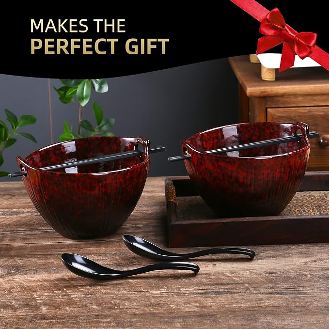 Ramen Bowl Set with Chopsticks and Spoons, Ceramic Noodle Bowl Set of 2, Donburi Bowl, Dishwasher Safe for Pho Udon Soba Noodle Salad Pasta, Special Reactive Glazed Crimson Bowls Set