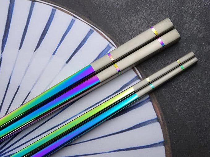 Albino Monkey Metal Chopsticks Reusable, 5 Pairs - Rainbow Iridescent Holographic Stainless Steel Chopsticks - Dishwasher Safe, Non-Slip, Extra Long 9" - Multicolor Japanese Sushi Gift Set