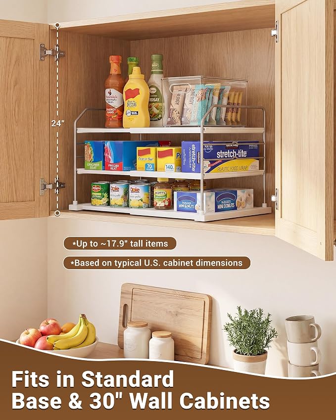EVERIE Extendable 3-Tier Kitchen Cabinet & Pantry Organizer for Plastic Wrap, Foil & Storage Bags, Adjustable Heavy Duty Shelf Rack for Wrap Boxes, Jars & Snack Boxes (11–16.7 in Wide), Pack of 2
