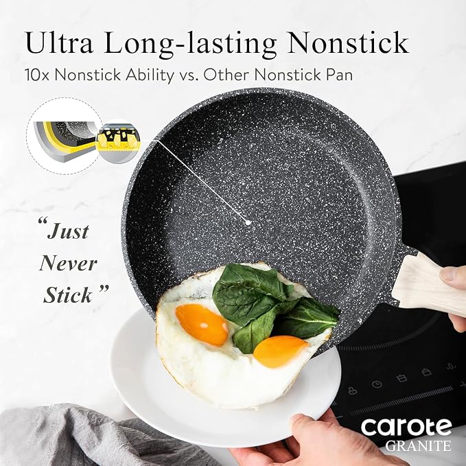 CAROTE Non Stick Frying Pan, 12 Inch Classic Granite Skillet with Glass Lid | Healthty Non Toxic Kitchen Stone Cookware, Compatible with All Stovetop, Easy to Clean, PFOA Free