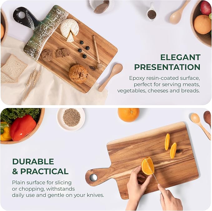 Acacia Wood Serving Board with Handle, 18.1" x 9.8", Dual-Sided Resin Art Tray for Display & Prep, Handcrafted Cutting Board, Includes Stand & Loofah, Christmas Housewarming Gift (Rectangular)
