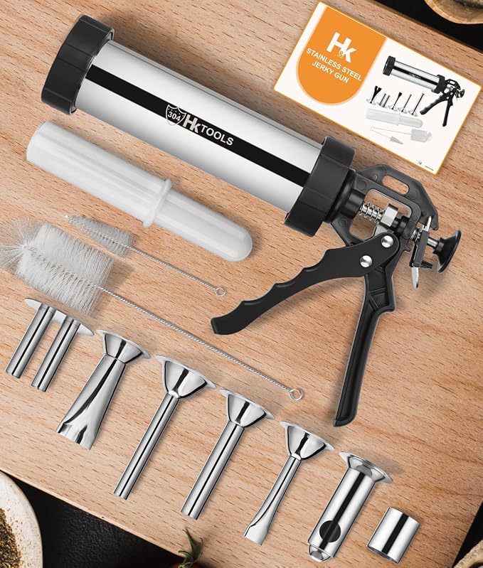 5rd Gen 2.5 LB Jerky Gun Kits, Jerky Maker Gun, Meatball Maker, Stainless Steel Sausage Stuffer Jerky Making Gun with 6 Stainless Nozzles, 2 Cleaning Brushes, 1 Stomper, Gifts for Women Men