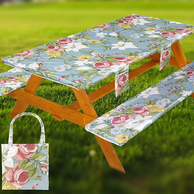 Fitted Picnic Table Cover with Bench Covers Set, Waterproof Lightweight Rectangle 96in Folding Table Cloths Canopy Shade Slipcover Cool Unique Fun Camping Gift for Camper Women Men Family Rv Owners