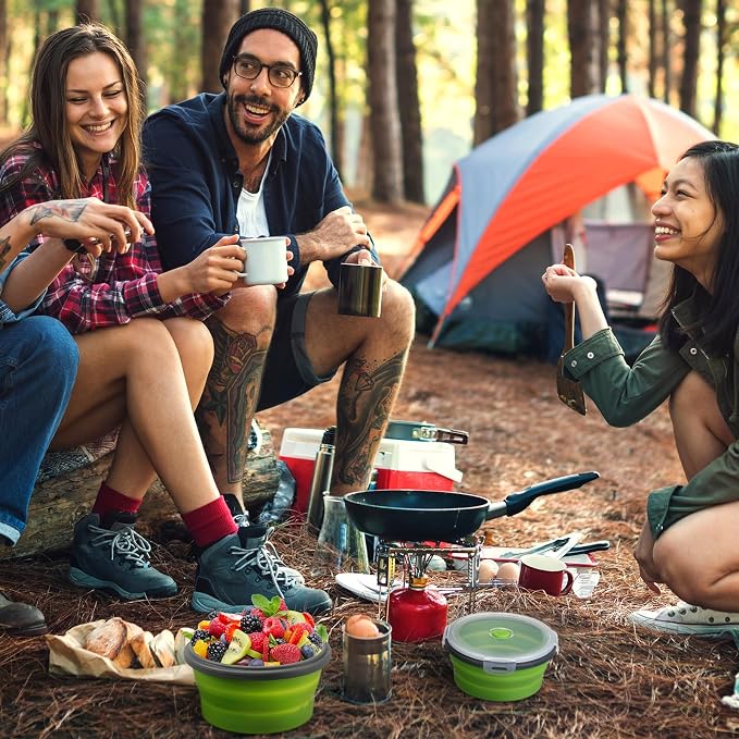4 Pcs Collapsible Bowls with Lids Silicone Camping Food Storage Container Expandable Folding Salad Lunch Box Travel Container for Hiking Camping