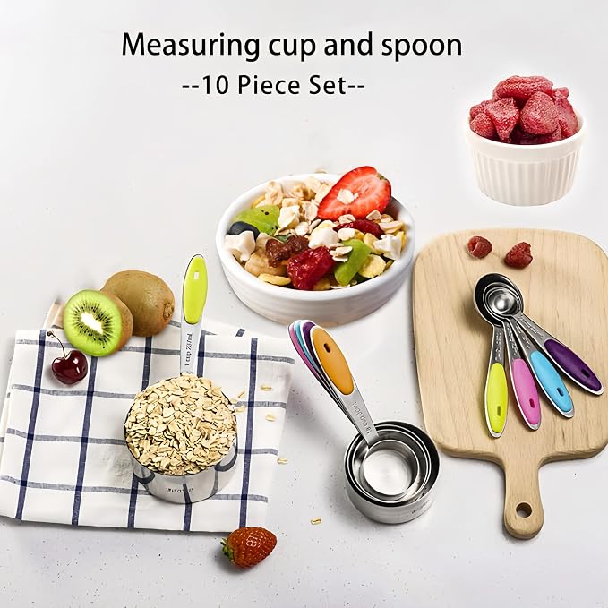 RUNZI 10 Pcs Measuring Cups and Spoons Set,Stackable Metal Measure Cup for Measuring Dry and Liquid Ingredients，Used Kitchen Dry Food, Cooking Baking Measurements,Silvery