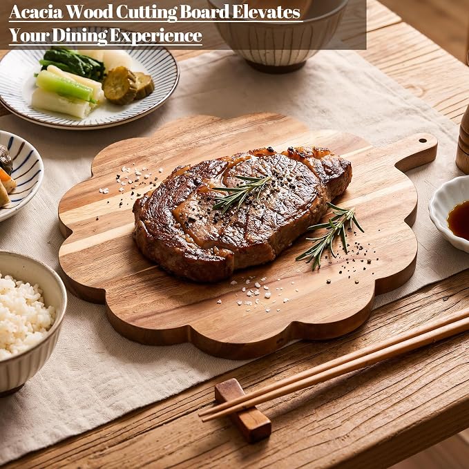 Havawish Scalloped Acacia Wood Boards Wooden Cutting Board for Bread Meat Cutting Boards Fruit Cheese Serving Butcher Block Supplies 11.81 x 11.81 x 0.63 Inches