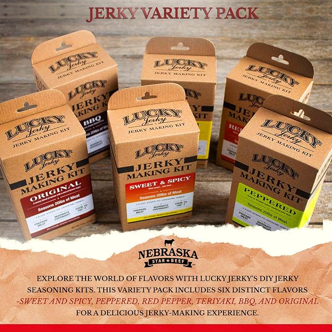 Lucky Jerky DIY Beef Jerky Seasoning and Cure Kit, 6 Flavors, 72 Oz | Make Your Own with Sweet and Spicy, Peppered, Red Pepper, Teriyaki, BBQ, and Original, Seasons 120lbs of Meat