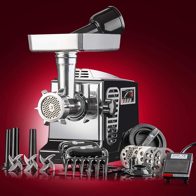 STX International Turboforce II 4000 Electric Meat Grinder | Grinds Soft Bones | Foot Pedal | 6 Grinding Plates | Stainless Steel Blades | Sausage Tubes | Kubbe Maker | Meat Claws | Patty Press & More