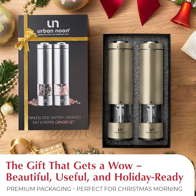 Urban Noon Electric Salt and Pepper Grinder Set (2 Mills, 8.1" Tall) - One-Handed Battery Operated Push-Button Mills with LED Light, Adjustable Ceramic Coarseness, 1-Year Warranty - Champagne
