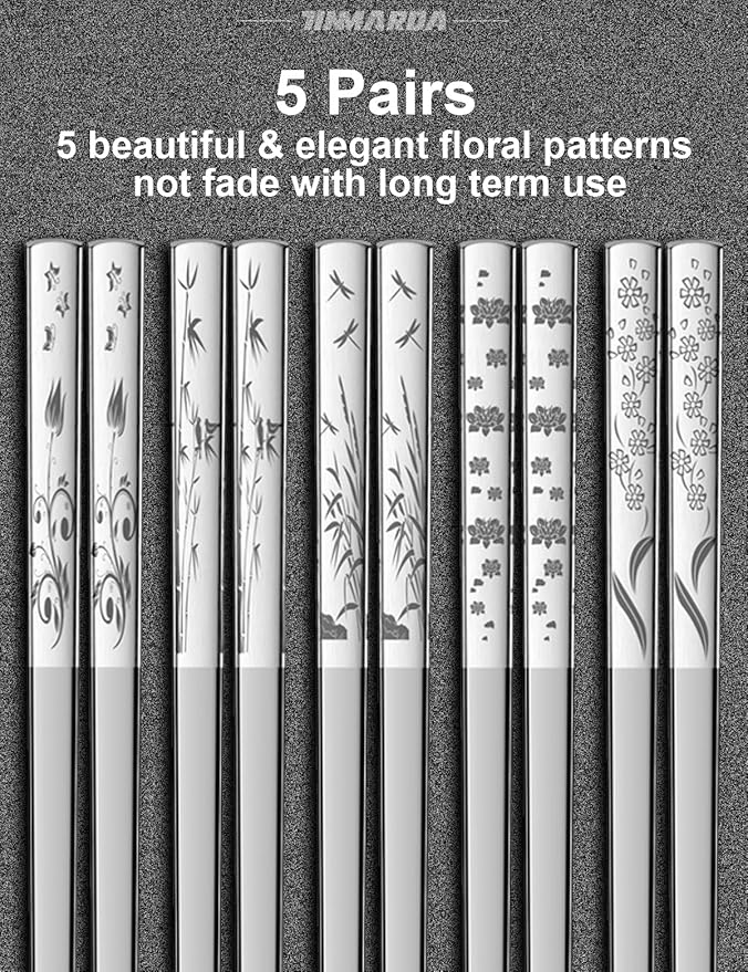 TINMARDA Metal Chopsticks Reusable 5 Pairs 18/8 Stainless Steel Chopstick Beautiful Engraving Patterns Dishwasher Safe Non-Slip Japanese Korean Chop Sticks Present Set