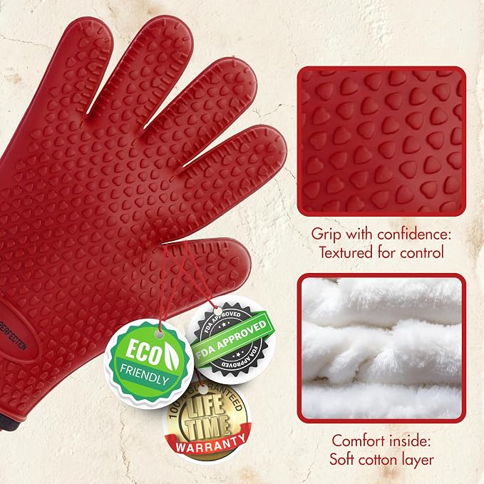 KITCHEN PERFECTION XL Silicone Griddle Gloves - Heat Resistant Oven Mitts | Waterproof, 5-Finger Design For A Better Grip, Best Griddle Grilling Accessories, Compatible with Blackstone, Weber & More