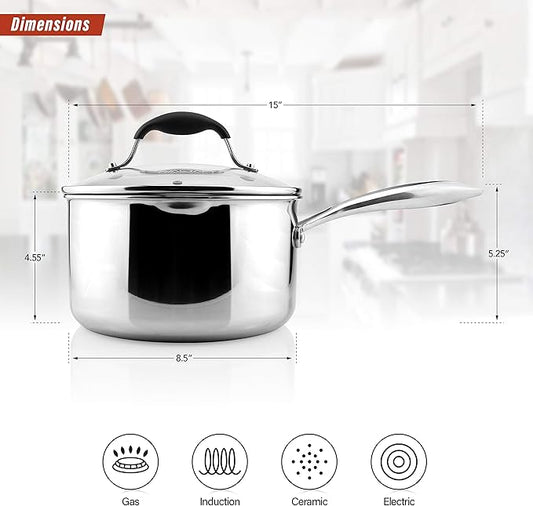 AVACRAFT Tri-Ply Stainless Steel Saucepan with Glass Strainer Lid, Two Side Spouts, Multipurpose Sauce Pan with Lid, Sauce Pot, Cooking Pot (Tri-Ply Full Body, 3.5 Quart)