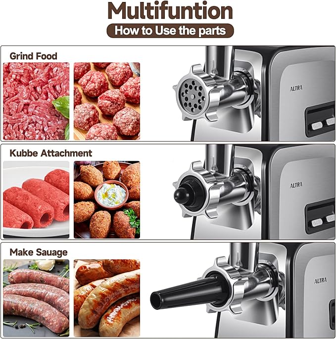 ALTRA LIFE Electric Meat Grinder, 2800W Max Sausage Stuffer with 2 Blades, 3 Plates, Sausage Tube & Kubbe Kit for Home use, Built-in Storage