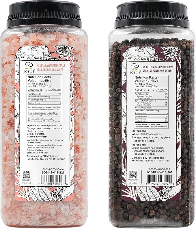 Soeos Himalayan Pink Salt 39 oz + Whole Black Peppercorns 18 oz, Coarse Grain, Kosher Salt for Grinder Refill, Salt and Pepper Grinder, Non-GMO Verified, Spice Seasoning Set for Cooking