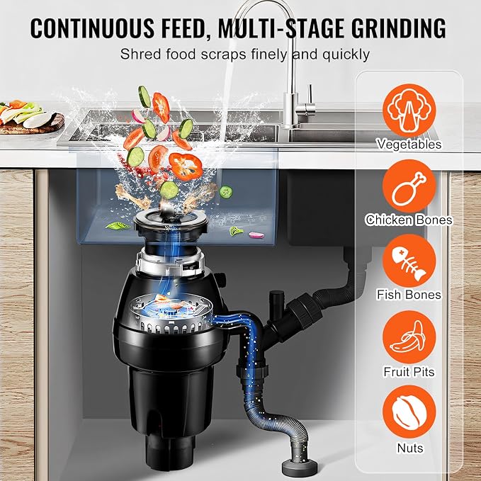 VEVOR Garbage Disposal, 3/4HP 3250RPM DC Motor, Continuous Feed Food Waste Sink Disposer, EZ Connect Food Waste Grinding System with Sound Reduction, Power Cord and Splash Guard, for Kitchen