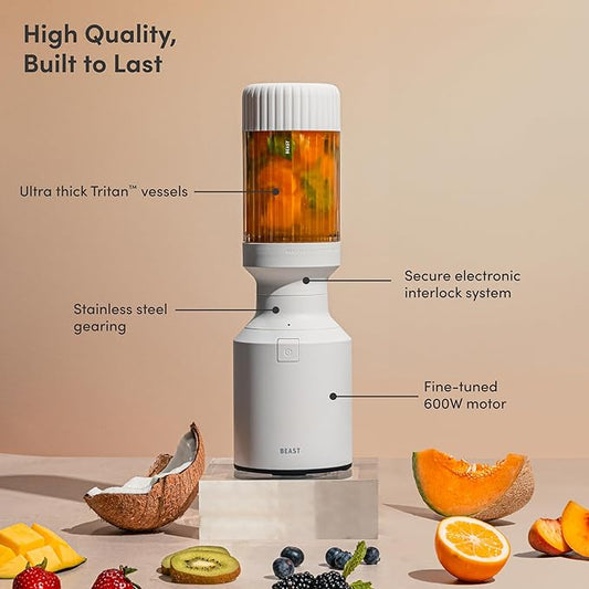 The Beast Mini Blender Plus | Mini Countertop Kitchen Blender | Blend Smoothies and Shakes, Dressings, Sauces, Dips | Extra Vessels, Straw Cap and Straws Included | 600W (Cloud White)