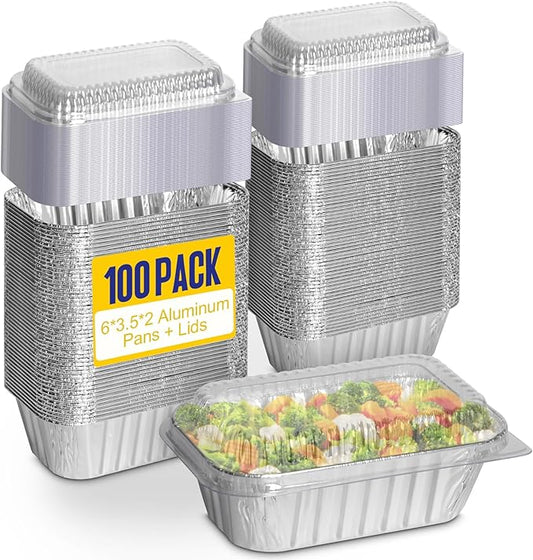 Small Aluminum Pans wth Lids, 100 Pack Disposable Aluminum Loaf Pans 6x3.5x2 Inch, Thick Foil Pans Cookware for Baking Cakes, Bread, Meatloaf, Mini