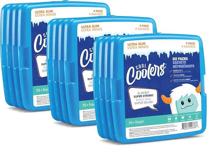 Cool Coolers by Fit + Fresh, 4 Pack Slim Ice Packs, Space Saving Reusable Ice Packs for Lunch Boxes or Coolers