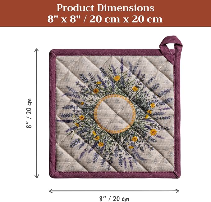 Maison d' Hermine Pot Holders 100% Cotton Potholders (8" x 8", Pack of 1) | Heat Resistant Hot Pads with Loop BBQ Cooking Baking Farmhouse Kitchen Handling Hot Pans Spring Summer - Fanny Lavender
