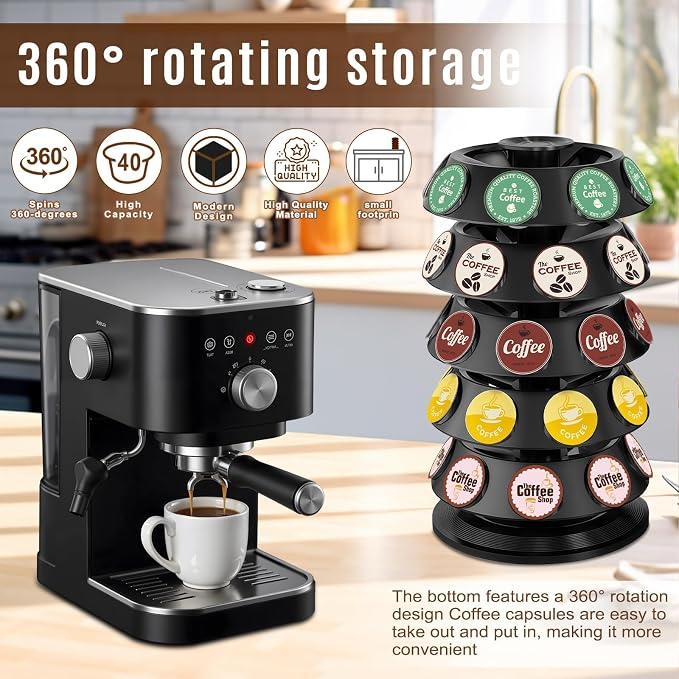 K Cup Holder, Coffee Pod Holder for Keurig - 40 Capsule Spinning Organizer with 360° Turntable, Space Saving K Cup Storage for Kitchen Counter, Office & Coffee Bar