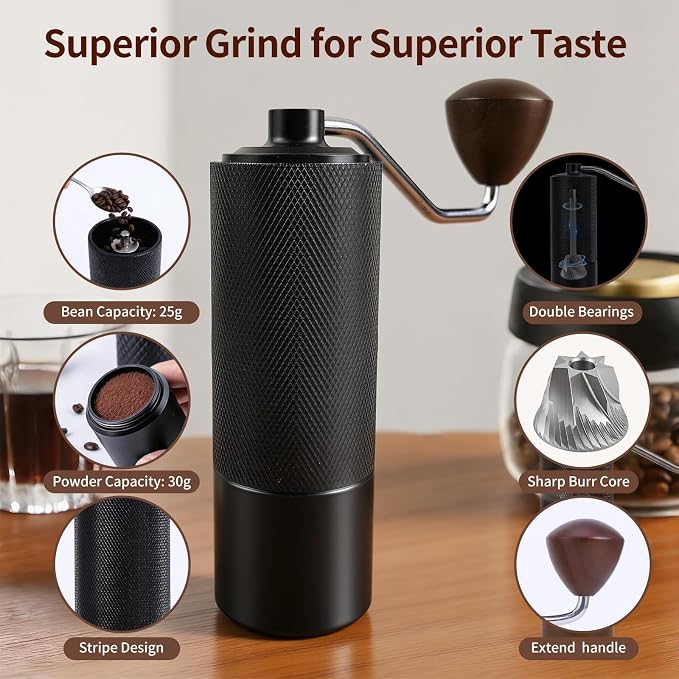 Manual Coffee Grinder, Portable Hand Coffee Mill - 25g Capacity | CNC Stainless Steel Conical Burr, Internal Adjustable Setting, For Espresso Pour Over French Press Travel Camping Office Home