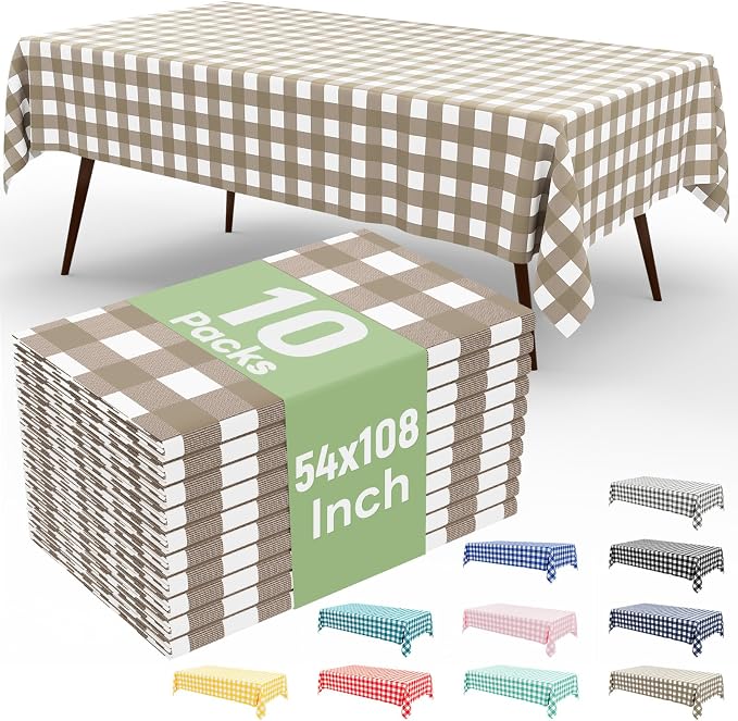 10 Packs Buffalo Disposable Table Cloth, 54 x 108 Inch Waterproof Plastic Tablecloth, Rectangle Khaki and White Checkered Table Covers for Picnic, Birthday, Party, Back to School