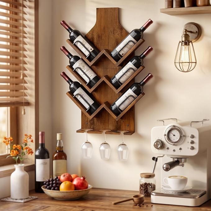 Hoctieon Wine Rack Wall Mounted, 6 Bottles Wood Wine Rack for Display and Storage, Hanging Bottle Holder Bar Shelves for Living Room, Kitchen, Dining Room, Wine Cellar, Rustic Brown