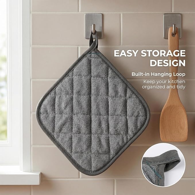 MAQIHAN Pot Holders for Kitchen - 4 PCS Cotton Pot Holder Set Hot Pads for Kitchen and Dining Essentials Decor and Accessories Gray 7 Inch Terry Cloth for Oven Cooking Baking Pans