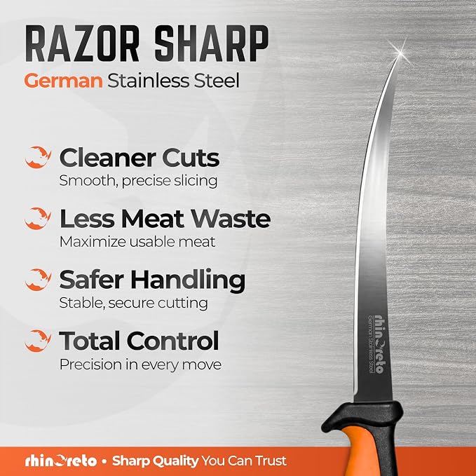 Rhinoreto Fillet Knife for Fish - Razor Sharp G4116 German Stainless Steel Blade, 6.5 Inch Professional Filleting & Boning Knife with Non-Slip Handle, Protective Sheath & Sharpener