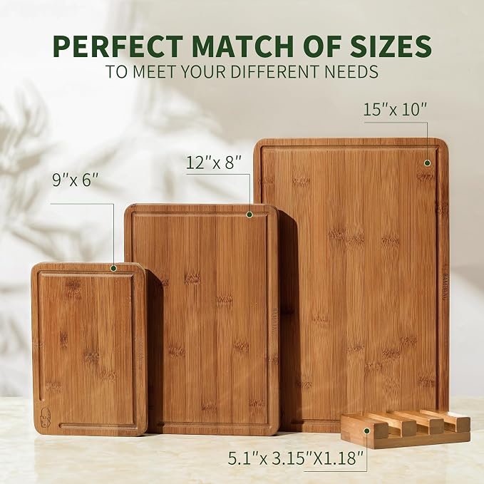 BAMBANG Bamboo Cutting Board, Dark Carbonized Chopping Boards Set of 3 with Stand, Butcher Block with Deep Juice Groove, Non-Toxic Wooden Cutting Boards for Kitchen Meal Prep & Serving