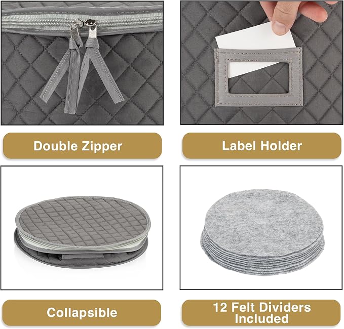 China Storage Case - Salad Plate Quilted Case - 10" W x 6" H - Gray - Includes 12 Felt Separators - Stackable With Padded Interior to Store your Dinnerware Dishes