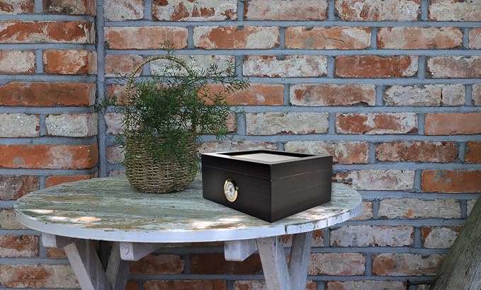 Premium Cigar Humidor - Holds 25-50 Cigars, Spanish Cedar Wood with Ebony Black Finish, Shatter-Resistant Glass Top, Built-In Hygrometer, Humidifier & Divider Included - 10.25" x 8.75" x 4.5"
