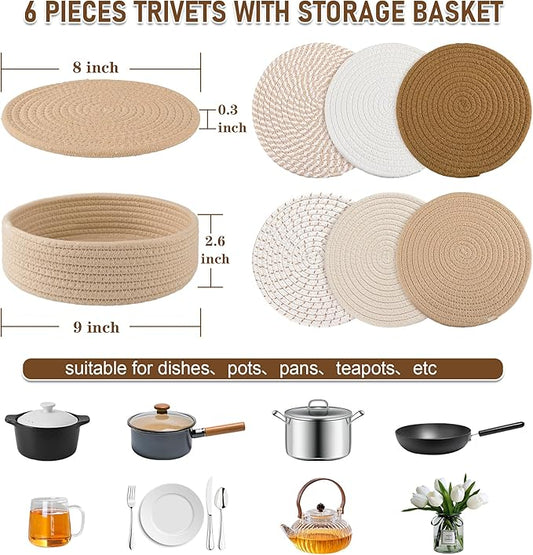 8" Trivets for Hot Dishes, Hot pots and Pans,6 Heat Resistant Hot Pads and Storage Basket 1 Pack,Pot Holders for Kitchen, Hot Plate Mats for Kitchen Countertops
