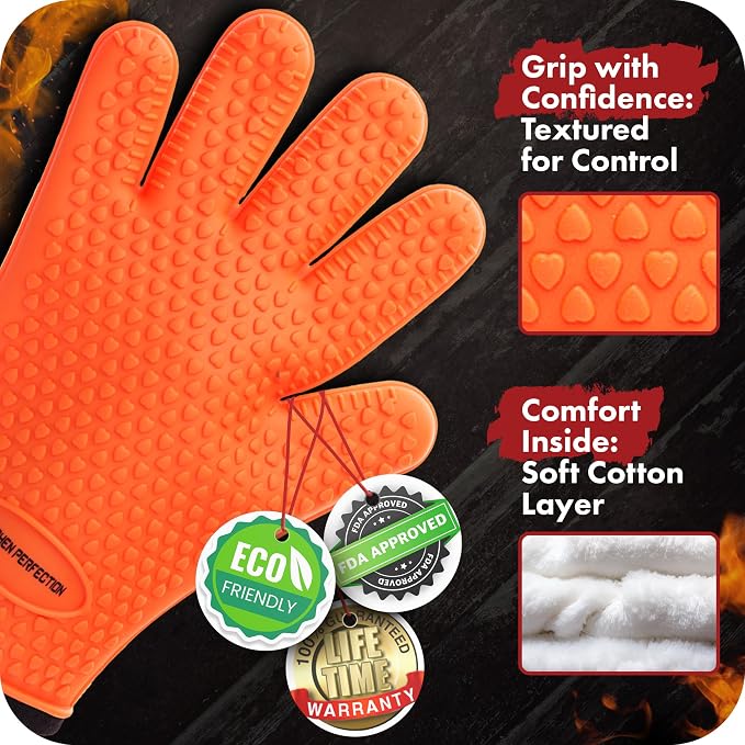 KITCHEN PERFECTION XL Silicone Smoker Oven Gloves-Extreme Heat Resistant BBQ Gloves-Handle Hot Food Right on Your Grill Fryer&Pit|Waterproof Grilling Cooking Baking Mitts|Superior Value Set+3 Bonuses | Waterproof, 5-Finger Design For A Better Grip, for...