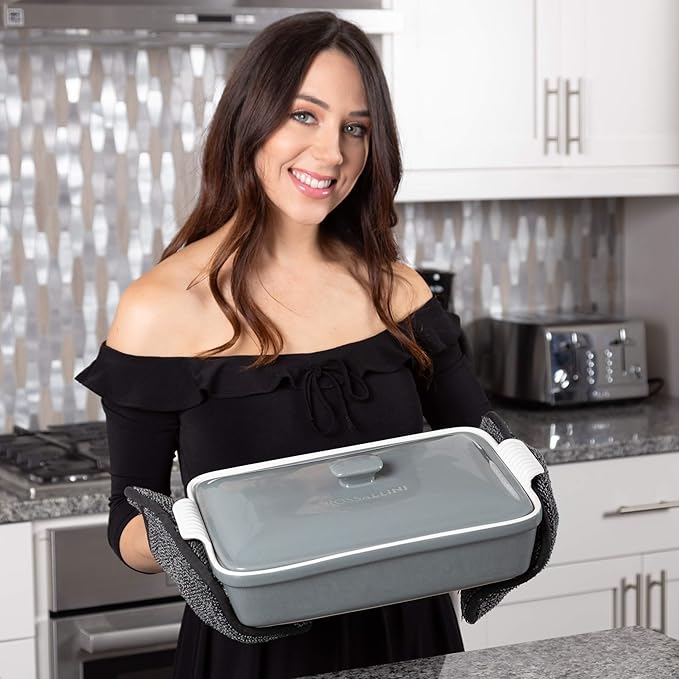 Stoneware Casserole Dish Bakeware Set with Lid, Covered Rectangular Dinnerware, Extra Large 4.23 Quart, 13 by 9 Inch, Grigio [Grey]